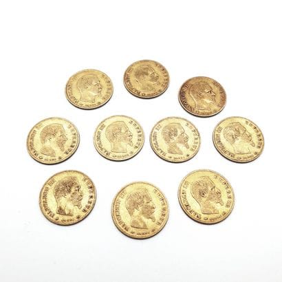 Lot de dix pièces de 10 francs or Napoléon...