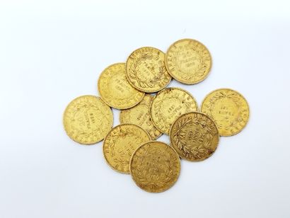 Lot de dix pièces de 20 francs or Napoléon...