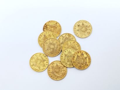 Lot de dix pièces de 20 francs or Napoléon...
