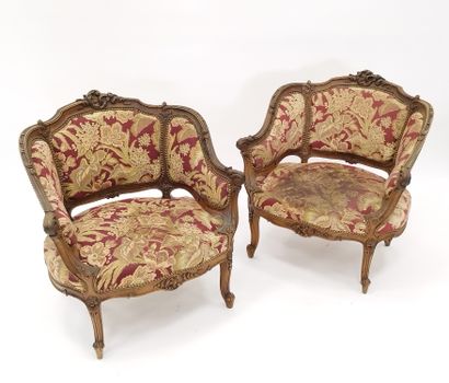 Pair of walnut gondola shepherd's chairs,...