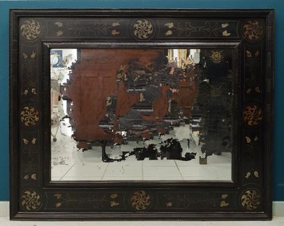 Rectangular mercury mirror in blackened wood...