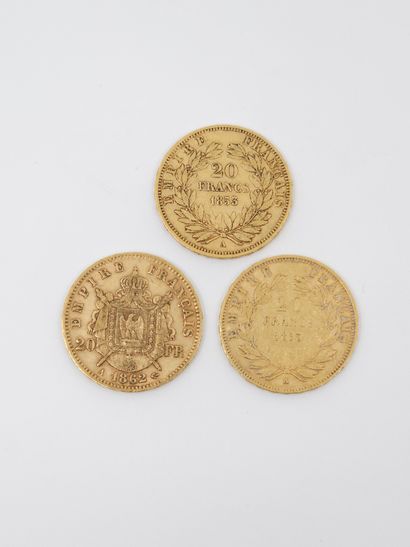 THREE PIECES 20 FRANCS NAPOLEON, 1853, 1855,...