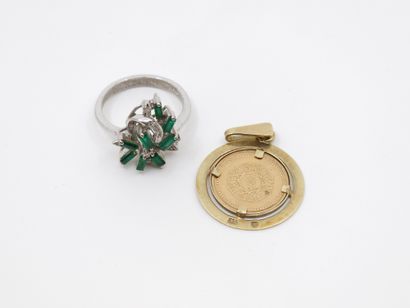 14kt gold ring set with diamonds and green...