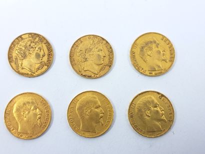 LOT OF SIX 20 francs gold coins
French Empire...