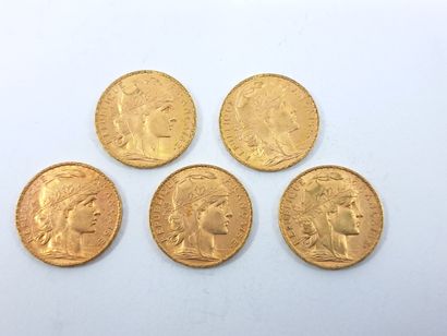 LOT OF FIVE 20 francs gold coins with rooster:
Three...