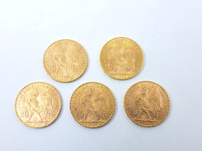 LOT OF FIVE 20 francs gold coins with rooster:
Four...