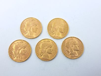 LOT OF FIVE 20 francs gold coins with rooster:
Four...