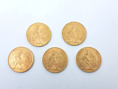 LOT OF FIVE 20 francs gold coins with rooster:
Three...