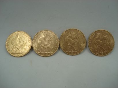 4 Pièces Or 900°/oo 25,81 g 20 francs au...