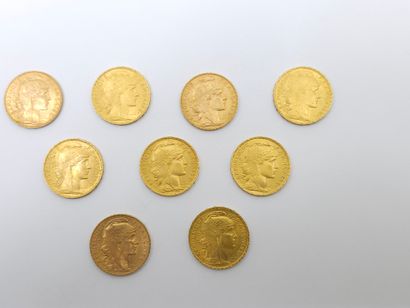 LOT de neuf pièces de 20 francs or au coq...