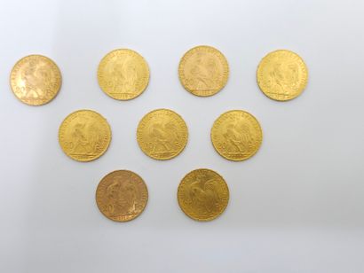 LOT de neuf pièces de 20 francs or au coq...