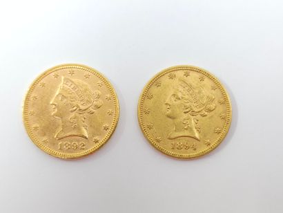 LOT de deux pièces de dix dollars or 
1892/1894
Poids...