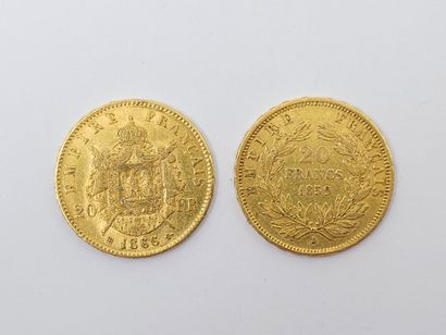 TWO 20 franc gold Napoleon III coins 
1866...