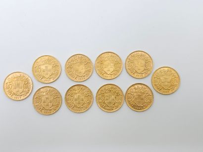 LOT of 10 pieces 20 Swiss francs gold 
weight...