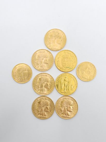 LOT of five 20 franc gold rooster coins 
Weight...