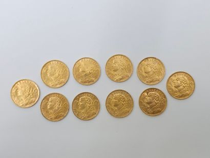 LOT of 10 pieces 20 Swiss francs gold 
weight...