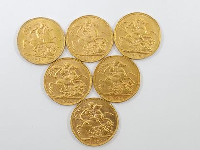 LOT of six gold coins Sovereign Georges V...