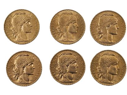 LOT de six pièces de 20 francs or au coq...