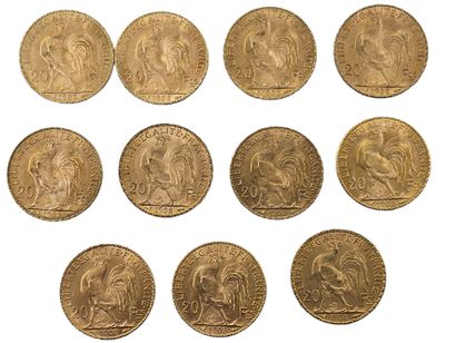 LOT de onze pièces de 20 francs or au coq...