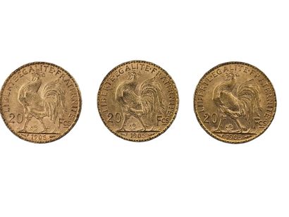 LOT de trois pièces de 20 francs or au coq...