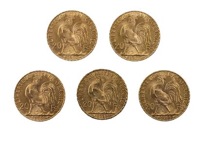 LOT de cinq pièces de 20 francs or au coq...