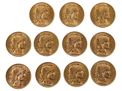 LOT de onze pièces de 20 francs or au coq...