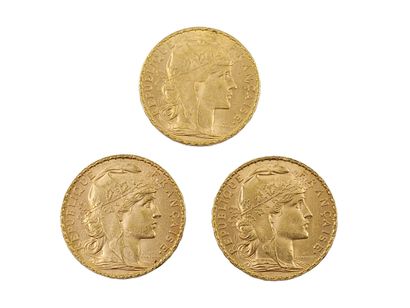 TROIS PIECES en or , 20 francs au coq 1905,1906,1910
Poids...
