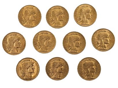 LOT de dix pièces de 20 francs or au coq...
