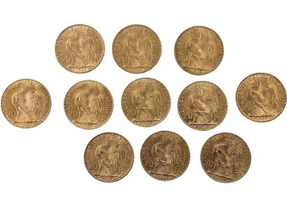 LOT de onze pièces de 20 francs or au coq...