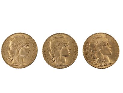 LOT de trois pièces 20 francs or au coq 1910
Poids...