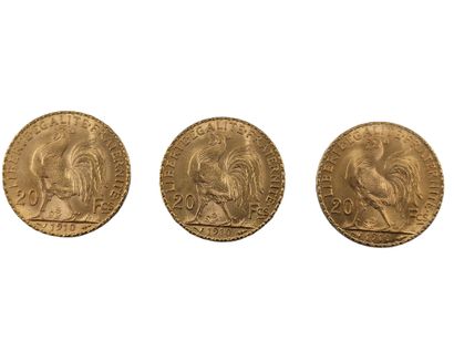 LOT de trois pièces 20 francs or au coq 1910
Poids...