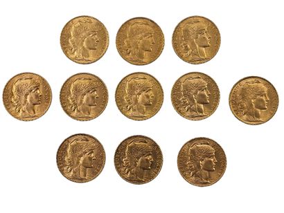 LOT de onze pièces de 20 francs or au coq...