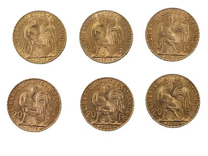 LOT de six pièces de 20 francs or au coq...