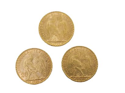 TROIS PIECES en or , 20 francs au coq 1905,1906,1910
Poids...