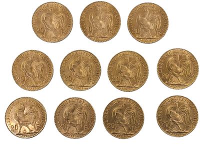 LOT de onze pièces de 20 francs or au coq...