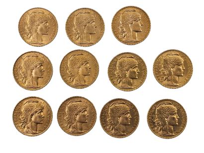 LOT de onze pièces de 20 francs or au coq...