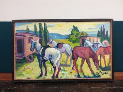 FAGARD 
Chevaux et roulottes 
Huile sur toile...