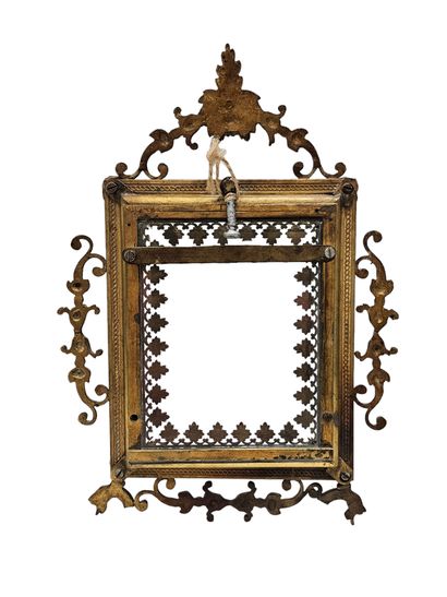 Small Neo-Gothic bronze easel mirror transformed...