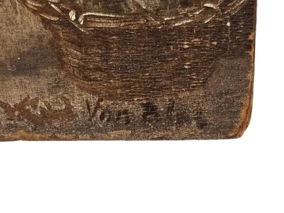Small painted oak panel 
depicting a legume...