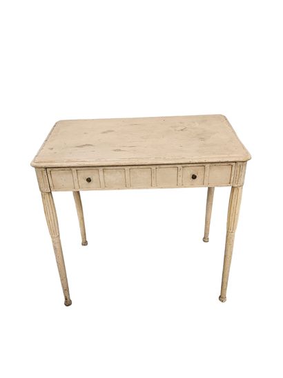 Small beige reupholstered wood desk opening...