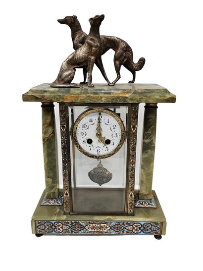 Gilded bronze CHIMNEY CLOCK with two bronze...
