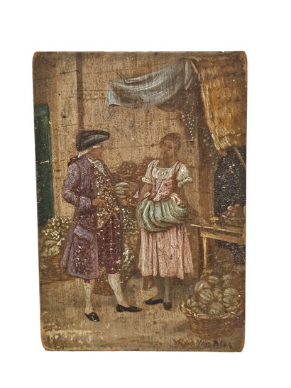 Small painted oak panel 
depicting a legume...