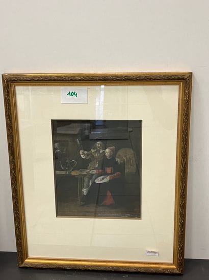 Tavern scene
Gouache on paper, framed and...