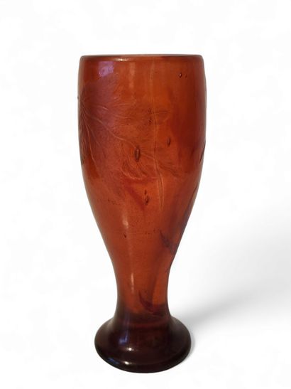 GALLE 
Orange-red vase on pedestal base 
Signed...