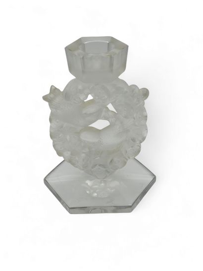 LALIQUE 
Candlestick in pressed white glass...