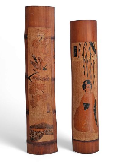 JAPAN 20th century 
Two engraved bamboos...