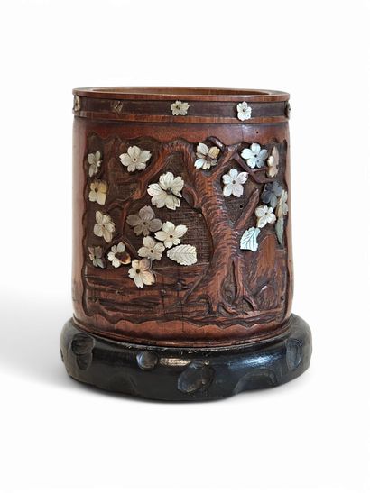 ASIAN WORK 
Carved bamboo brush pot with...
