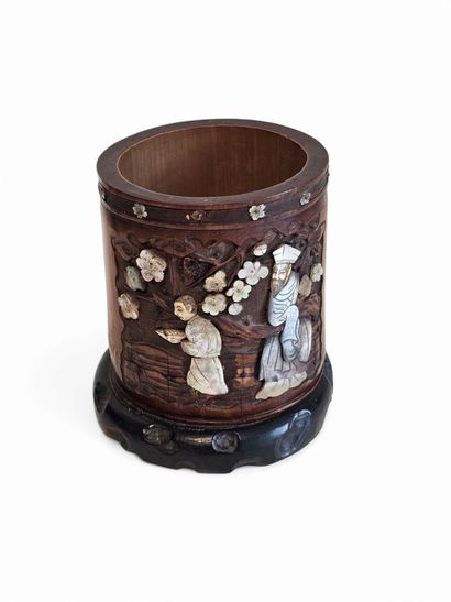 ASIAN WORK 
Carved bamboo brush pot with...