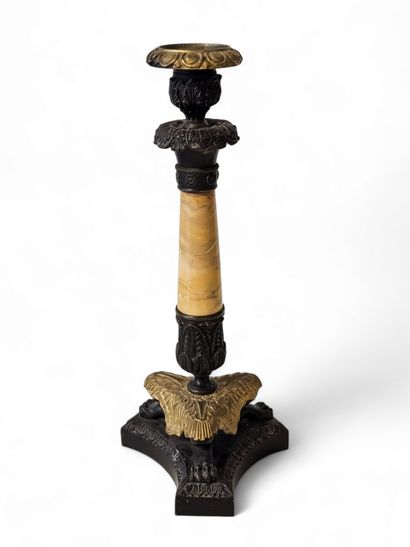 PAIR OF FLAMBEAUX in bronze with brown patina,...