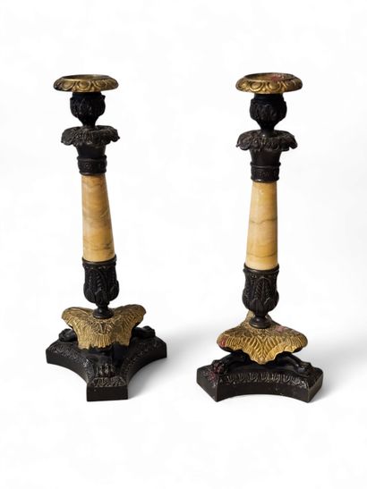 PAIR OF FLAMBEAUX in bronze with brown patina,...